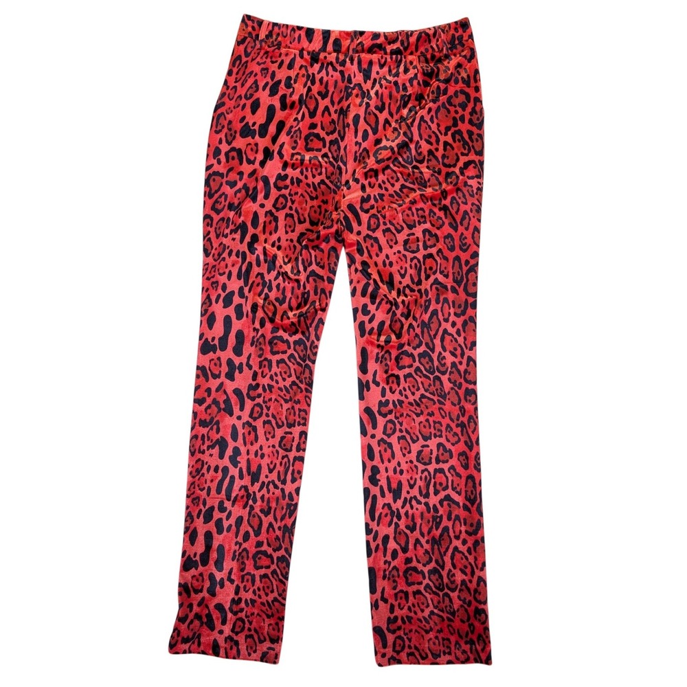 Kate Hewko Large Red Velvet Leopard Animal Print Pants Straight Leg Bright